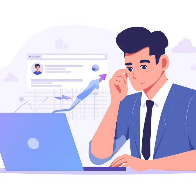 Business professional viewing website ranked at top of search results with growth graph.