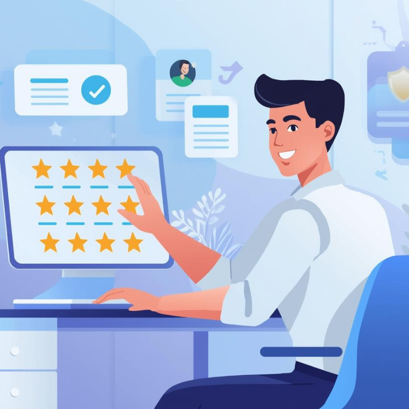 A modern vector illustration of a professional reviewing five-star ratings and positive customer feedback on a desktop screen, with shield icons representing credibility, trust, and brand authority.