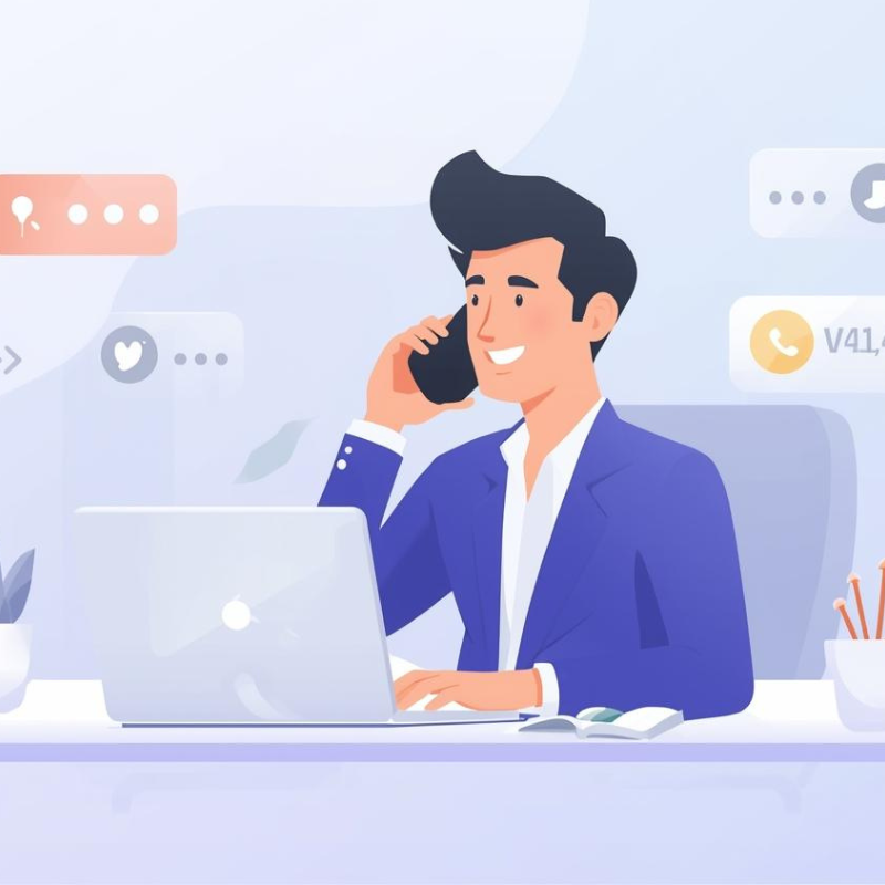 A modern flat-style illustration of a confident business owner sitting at a desk, working on a laptop while speaking on a smartphone. Floating call notification icons represent a website that generates customer inquiries and phone calls.
